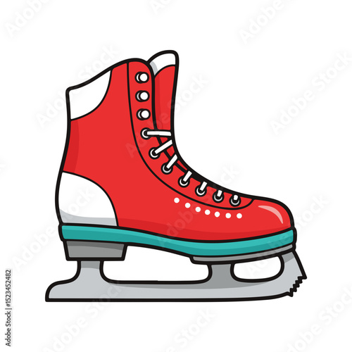 Cartoon illustration of a red and white ice skate with a light blue sole on a white background.
