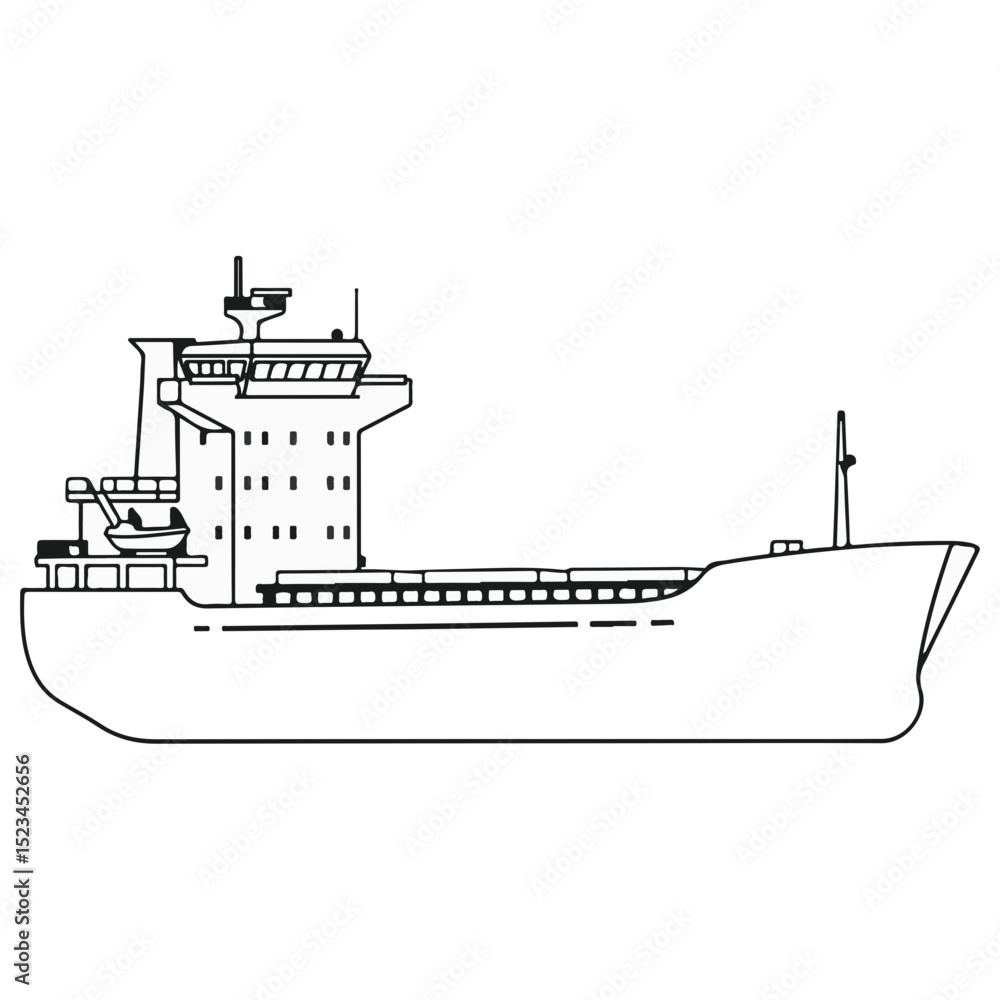 Obraz premium Line drawing of a cargo ship. The ship has a prominent bridge and cargo hold, seen from the side. Simple, clear illustration in black and white.