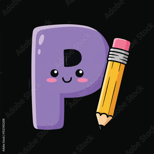 Cute cartoon letter P with a smiling face and rosy cheeks, accompanied by a pencil. Whimsical and playful design.