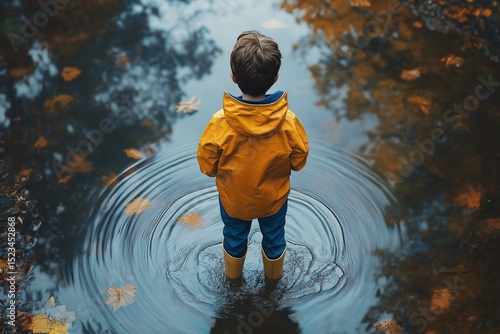 Playful Child in Yellow Raincoat Splashing Puddle Amidst Autumn Leaves - Vibrant Outdoor Adventure