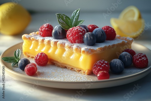 Lemon Tart with Raspberry and Blueberry. A Vibrant Summer Dessert Featuring Citrus Flavors and Fresh Ingredients