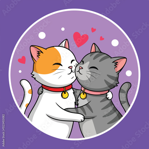Two cartoon cats, one orange/white and one grey tabby, embrace with hearts around them, symbolizing love and affection in a bright, cheerful design.