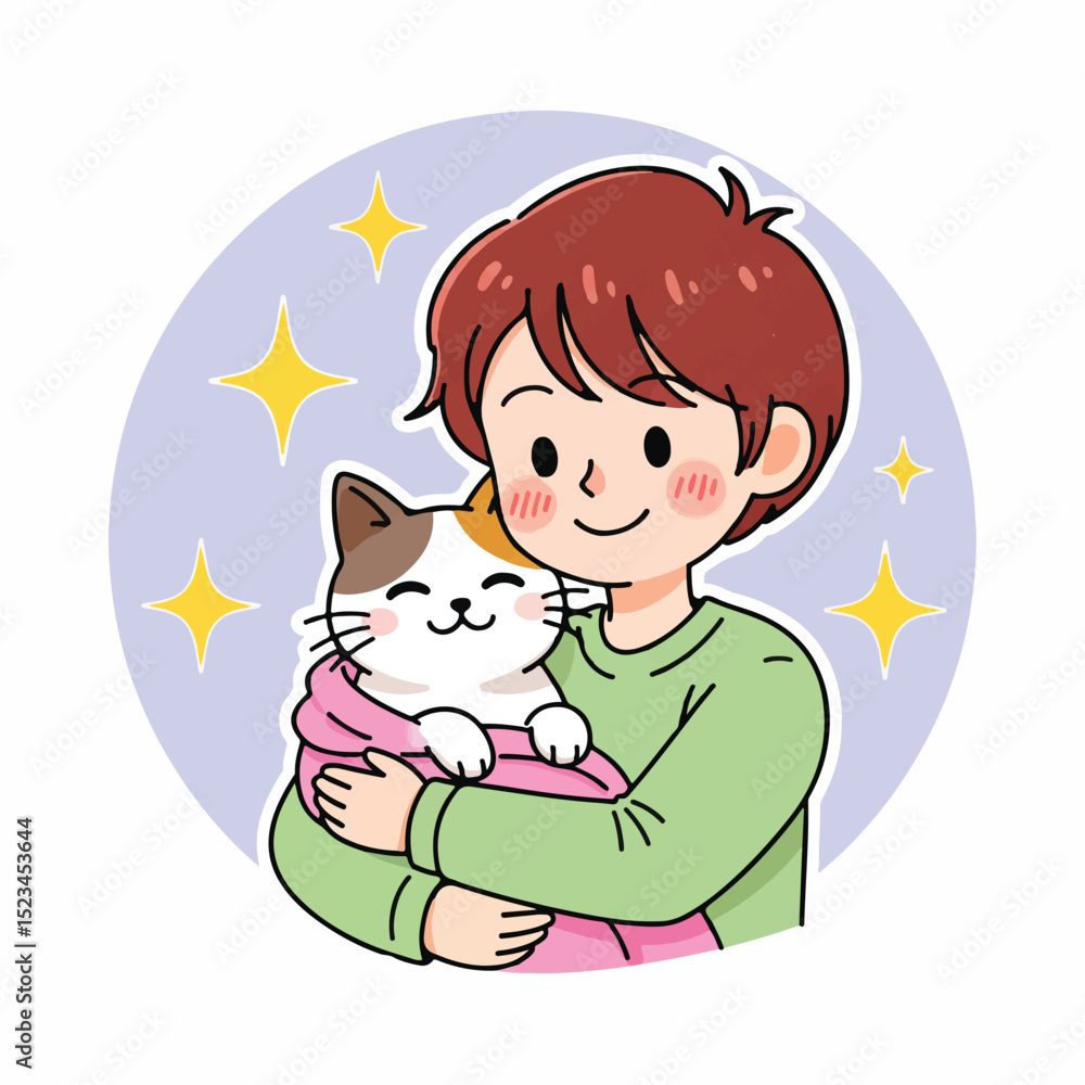 Cute illustration of a smiling boy holding a cat wrapped in a pink blanket. Stars sparkle around them, set against a light purple background. Wholesome and heartwarming. Cute illustration of a smiling boy holding a cat wrapped in a pink blanket. Stars sparkle around them, set against a light purple background. Wholesome and heartwarming.