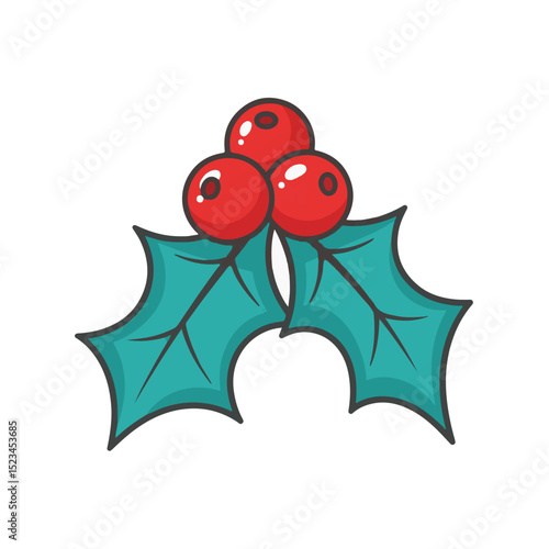 A cartoon illustration of holly with three red berries and two teal leaves, outlined in black. Festive, simple, and indicative of the Christmas season.