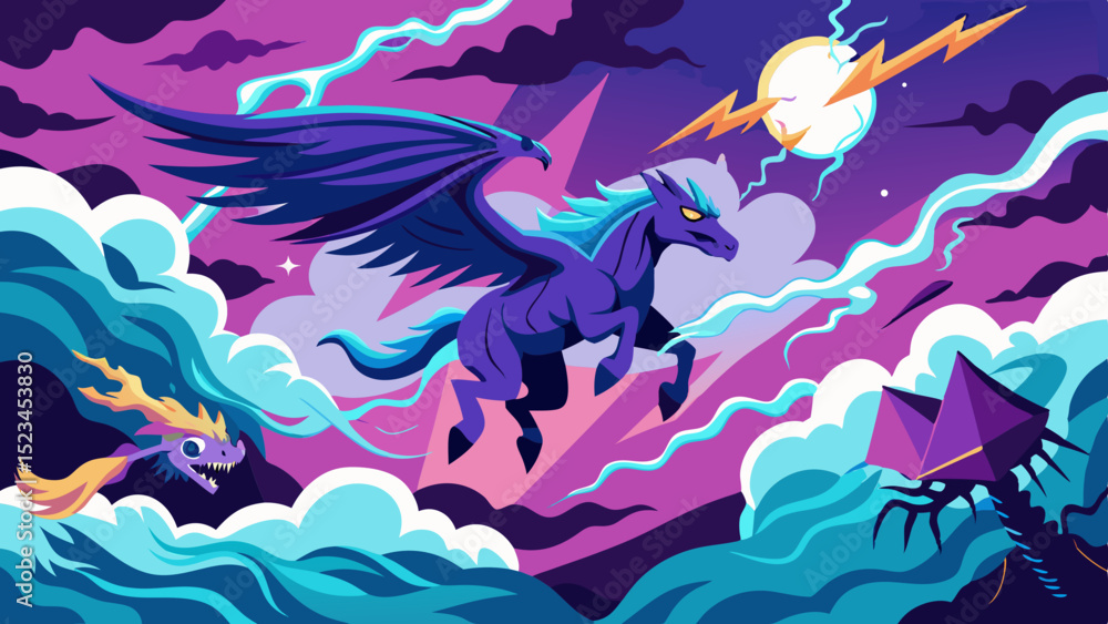 Obraz premium Majestic pegasus soaring through stormy skies