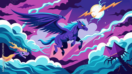Majestic pegasus soaring through stormy skies