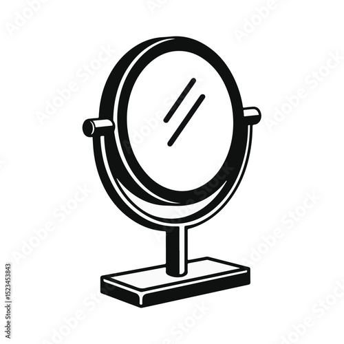 A black and white vector graphic of a round vanity mirror on a rectangular base. Minimalist design.