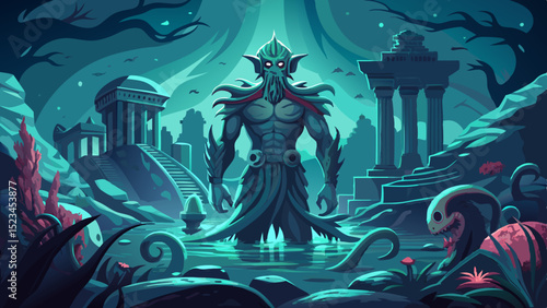 Mighty aquatic god, underwater ruins, fantasy illustration