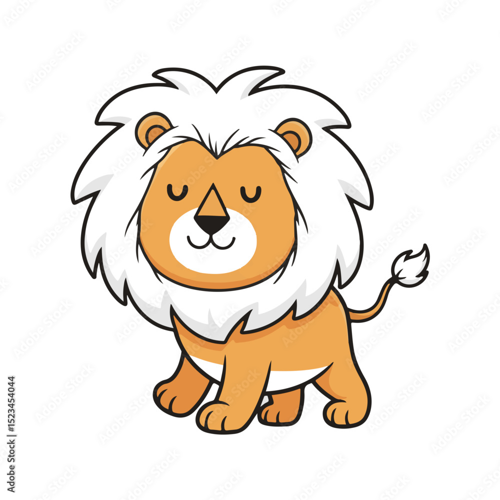 Obraz premium Cute cartoon lion with a white mane. Simplistic illustration of a friendly, smiling wild animal on a white background.