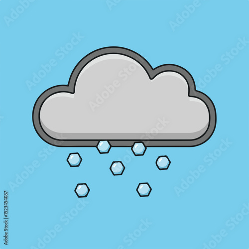 Cartoon image of a gray cloud with a dark gray outline, and hexagonal ice pellets (hail) falling from it, against a light blue background.