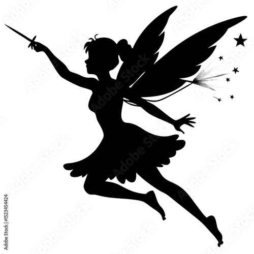 Flying Fairy Silhouette With Magical Wings and Wand in a Starry Night Sky