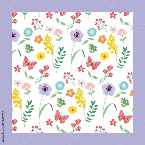 Floral Pattern With Butterfly, Vector Illustration.
