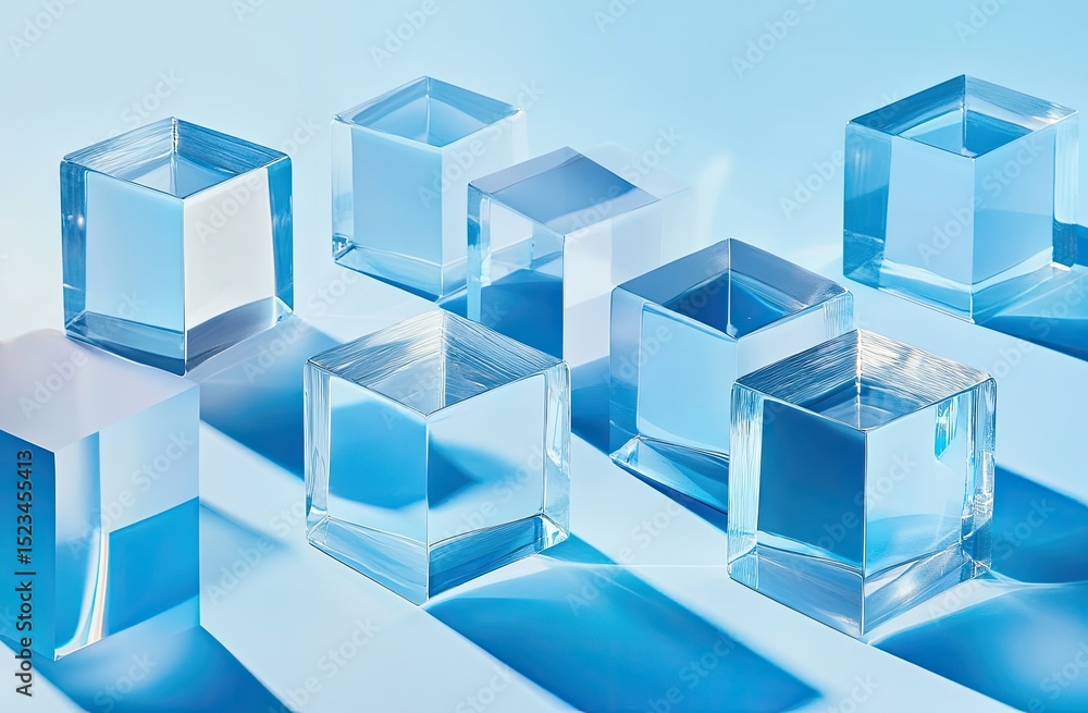 Transparent cubes on light blue background, casting strong shadows Transparent cubes on light blue background, casting strong shadows