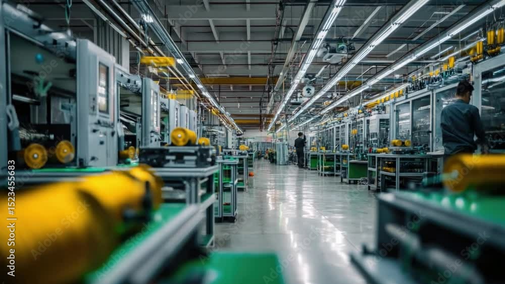 Modern Factory Interior with Workers, Machinery, and Production Lines in Bright Industrial Space Modern Factory Interior with Workers, Machinery, and Production Lines in Bright Industrial Space