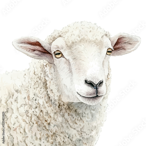 Sheep Close Up, watercolor clipart vector, high quality, isolated on a white background.