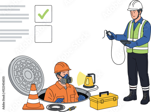 Permit to work process for confined space entry with safety officer inspecting gas levels and approving access for worker
