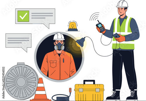 Permit to work process for confined space entry with safety officer inspecting gas levels and approving access for worker