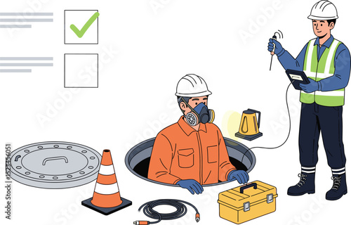Permit to work process for confined space entry with safety officer inspecting gas levels and approving access for worker