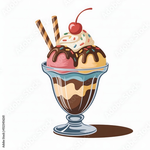 Stylized sundae dessert illustration with toppings and cherry in a glass dish.