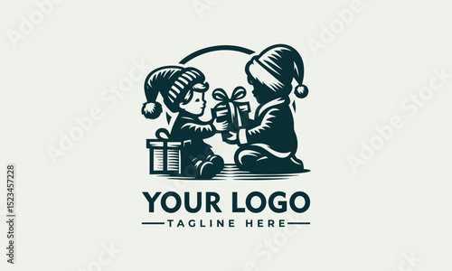 Charming illustration of a young child wearing a festive Christmas hat holding a glowing gift box. Holiday concept