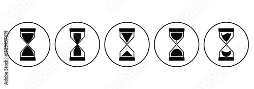 A classic hourglass set filled with sand marking the passage of time. Monochrome hourglass icon set depicting the passage of time through the flow of sand in a minimalist design.