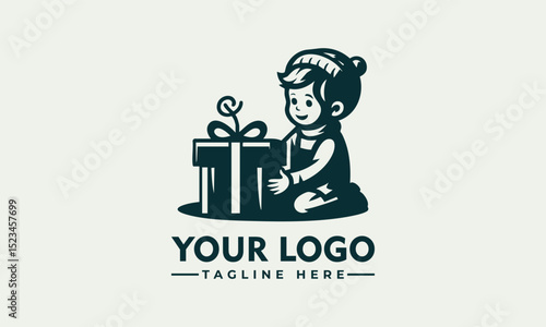 Charming illustration of a young child wearing a festive Christmas hat holding a glowing gift box. Holiday concept