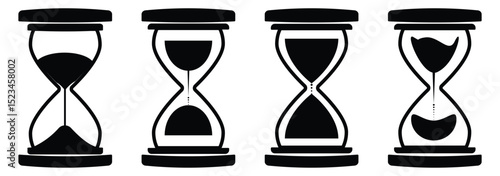A classic hourglass set filled with sand marking the passage of time. Monochrome hourglass icon set depicting the passage of time through the flow of sand in a minimalist design.