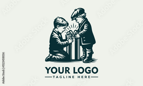 Charming illustration of a young child wearing a festive Christmas hat holding a glowing gift box. Holiday concept