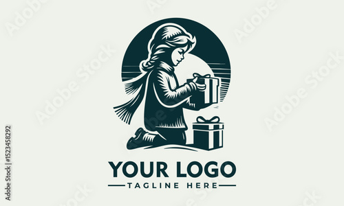 Charming illustration of a young child wearing a festive Christmas hat holding a glowing gift box. Holiday concept