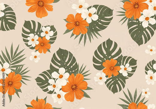 Seamless vibrant botanical pattern with abstract orange/off-white flowers & tropical leaves on a light background.