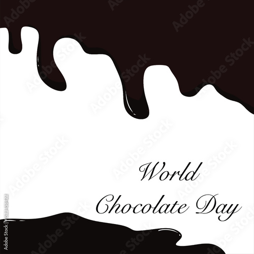Minimalist World Chocolate Day poster with dark melted chocolate dripping over white background and elegant typography.