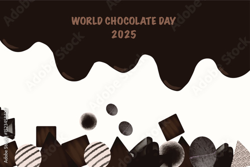 World Chocolate Day 2025 celebration banner with chocolate pieces, abstract sweets, and melted chocolate design on white background.