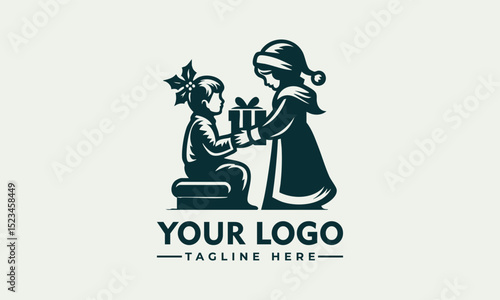 Charming illustration of a young child wearing a festive Christmas hat holding a glowing gift box. Holiday concept