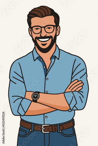Portrait of happy fashionable handsome man in jeans shirt and glasses smiling and crossing hands