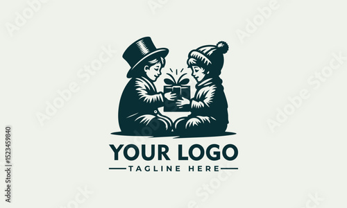 Charming illustration of a young child wearing a festive Christmas hat holding a glowing gift box. Holiday concept