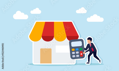 Businessman holding a calculator next to a store illustration of calculating business risks and opportunities