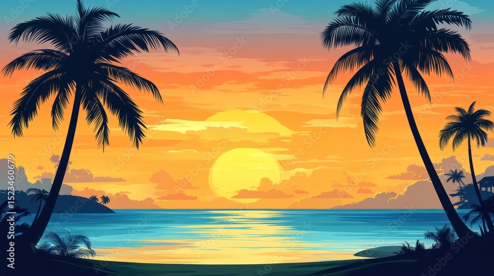 A tropical sunset over a calm ocean beach with silhouettes of palm trees. A tropical sunset over a calm ocean beach with silhouettes of palm trees.