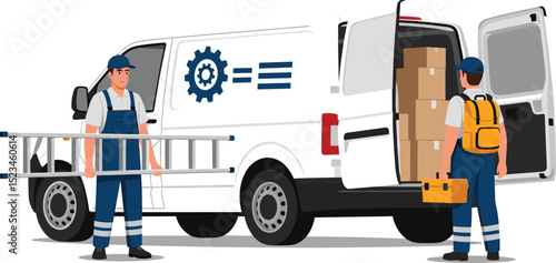 Professional maintenance and service technicians preparing equipment from company van for on-site repair and installation tasks