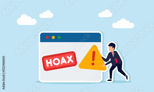 Businessman holding warning sign next to app interface showing hoax board illustration of scam website or app alert