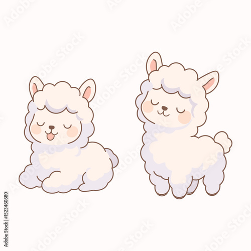 Cute pastel alpaca illustration with kawaii cartoon style and soft cream tones