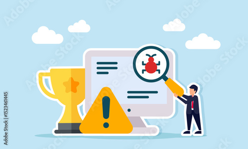 businessman standing next to trophy warning sign and monitor holding magnifying glass with virus symbol illustration of virus attack threat from business competitor