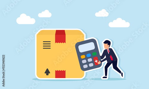 businessman holding calculator next to package box illustration of risk and opportunity calculation in logistics business