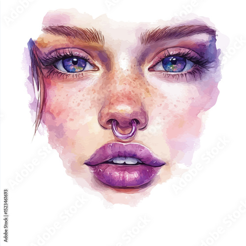 Septum Ring, watercolor painting vector, high quality, isolated on a white background.