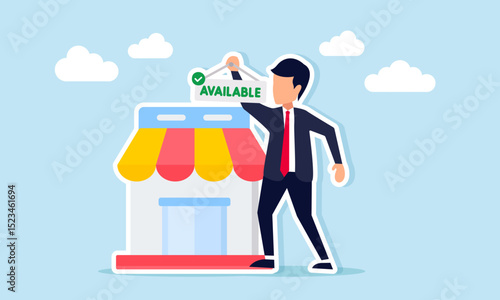Businessman standing next to a store holding a hanging tag with the word available illustration of building availability for commercial property rental