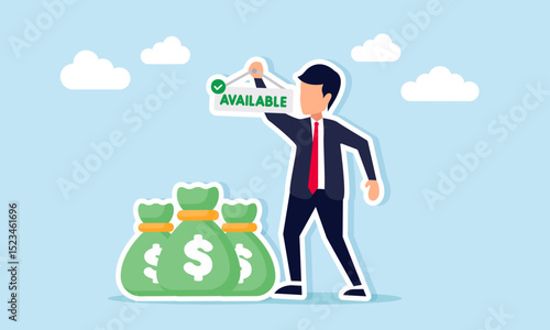Businessman standing next to money bags holding a hanging tag with the word available illustration of investor availability to support business capital