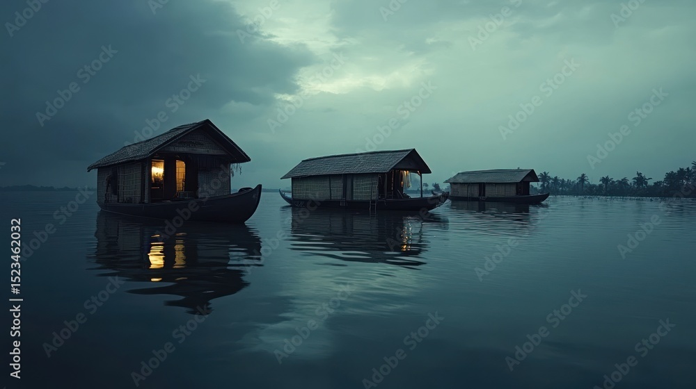Serene houseboats float peacefully under a moody twilight sky, capturing the allure of aquatic tranquility Serene houseboats float peacefully under a moody twilight sky, capturing the allure of aquatic tranquility