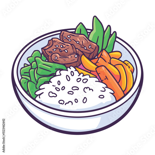 Bibimbap bowl with meat rice and vegetables
