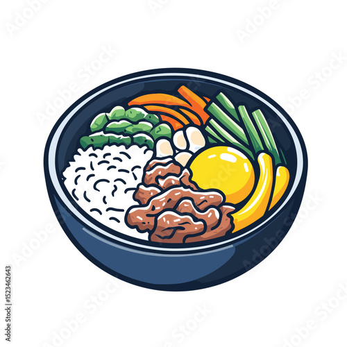 Bibimbap bowl with rice meat and vegetables