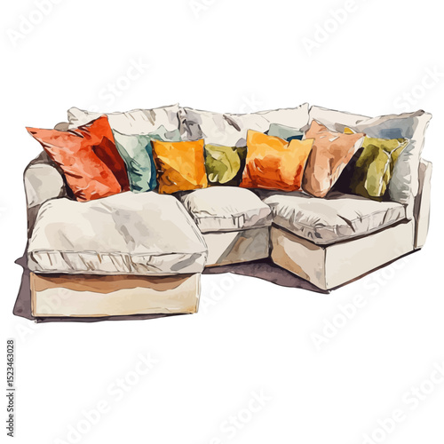Sectional Sofa, watercolor painting vector, high quality, isolated on a white background.