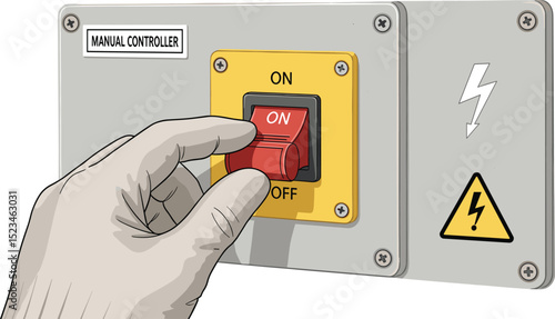 Industrial safety training illustration of a worker wearing protective gloves turning a manual power switch for electrical hazard prevention in factory workplace 